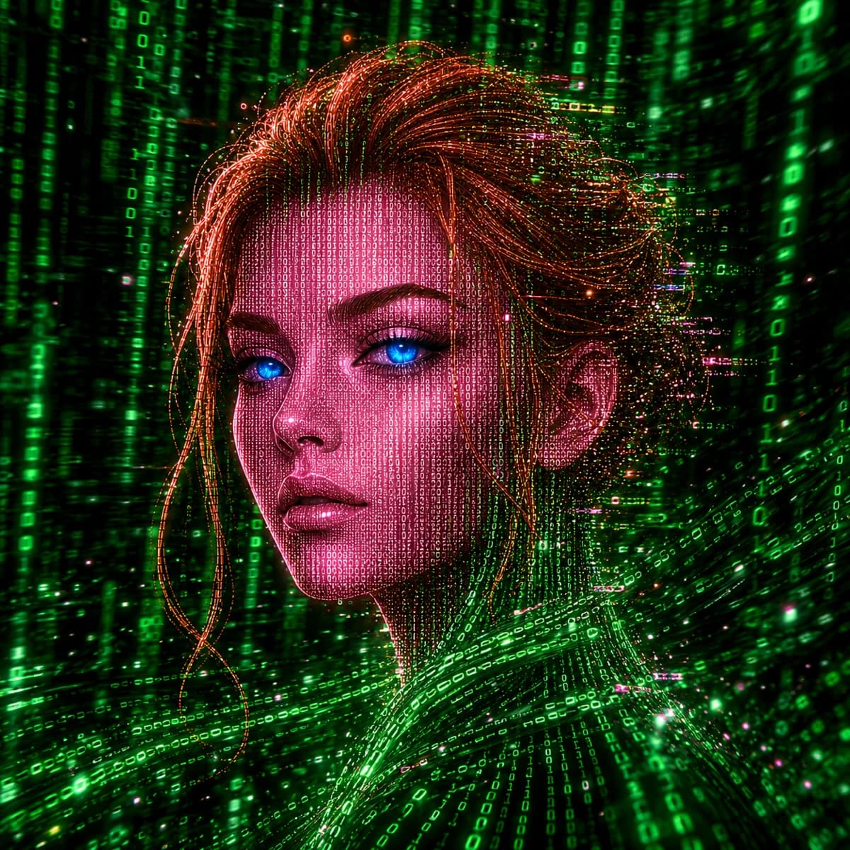 KORA with ginger hair, a pink digital face and blue eyes